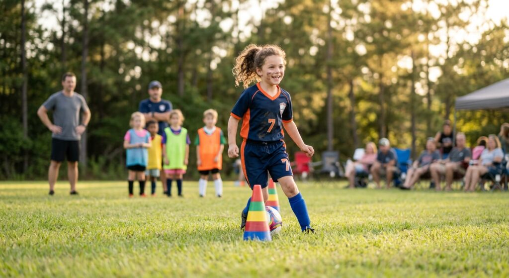 girl playing soccer with parents and other children looking on